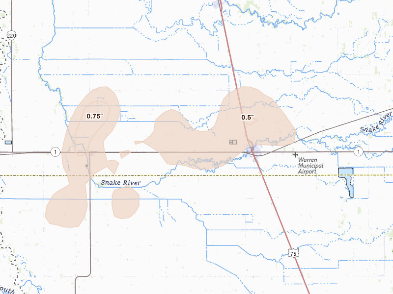 Radar-estimated hail-size map of the storm over Warren, MN on Sep 3, 2026