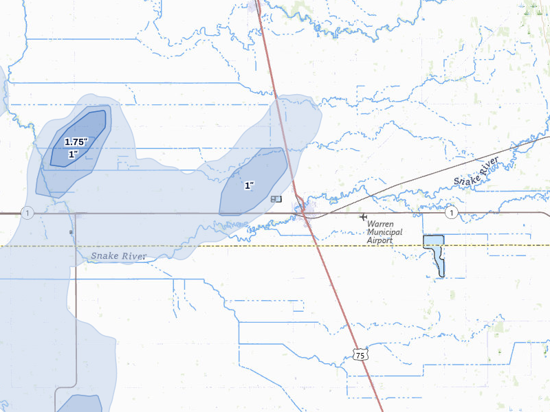 NEXRAD radar-signature map of the hail storm over Warren, MN on Sep 3, 2026