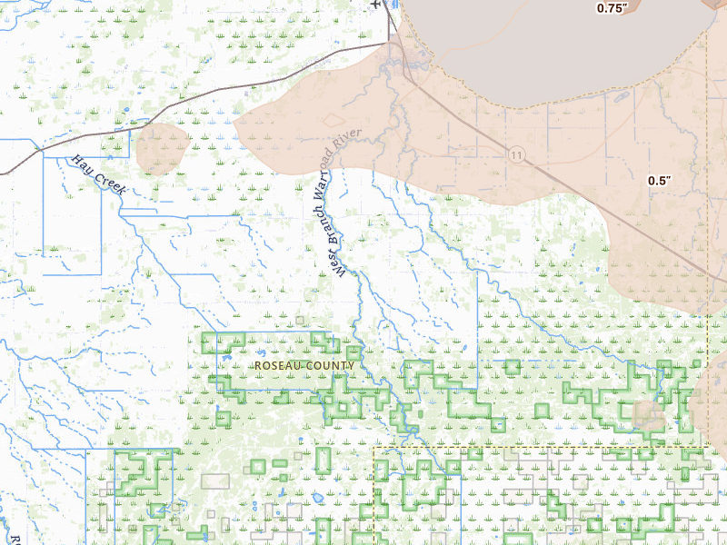 Radar-estimated hail-size map of the storm over Warroad, MN on Jul 6, 2026