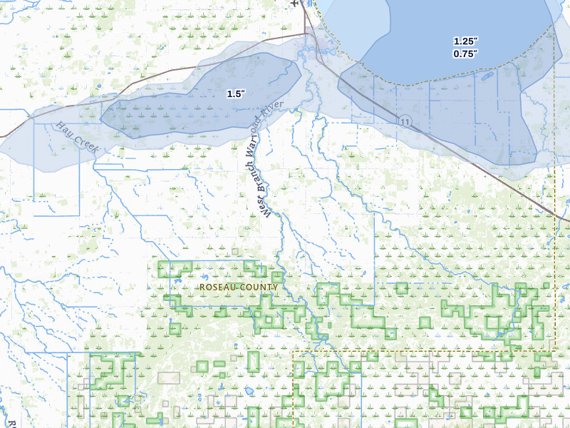NEXRAD radar-signature map of the hail storm over Warroad, MN on Jul 6, 2026