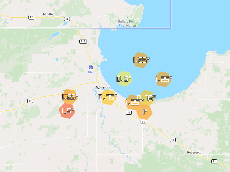 Hail map of Warroad, MN on Jul 6, 2026, hail up to 1.5"