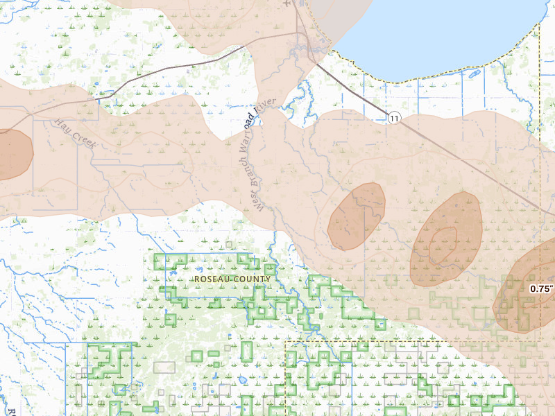 Radar-estimated hail-size map of the storm over Warroad, MN on Jul 16, 2026