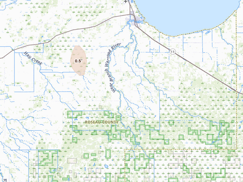 Radar-estimated hail-size map of the storm over Warroad, MN on Jul 18, 2026