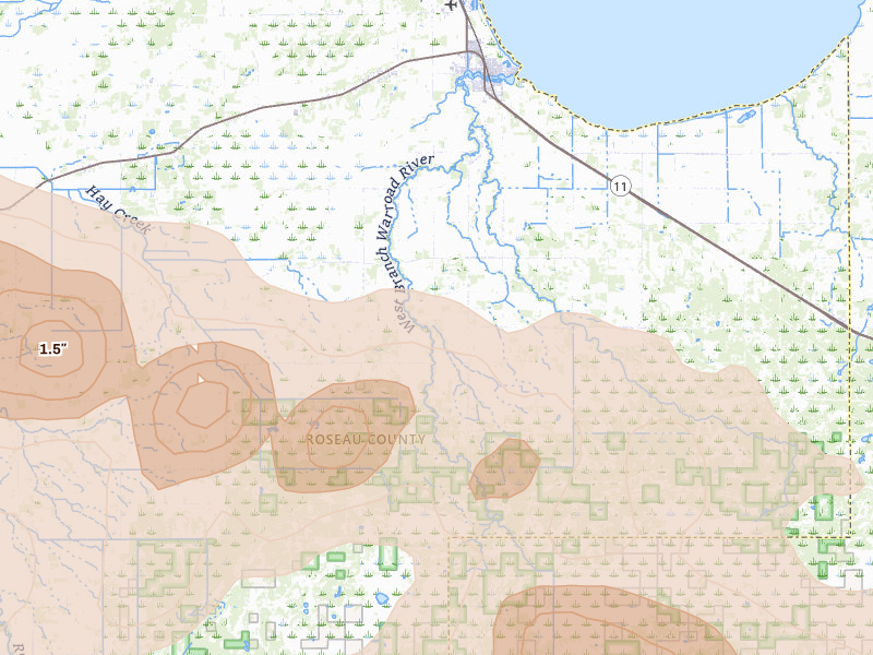 Radar-estimated hail-size map of the storm over Warroad, MN on Jul 24, 2026