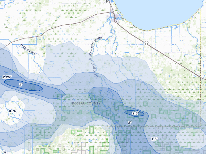 NEXRAD radar-signature map of the hail storm over Warroad, MN on Jul 24, 2026