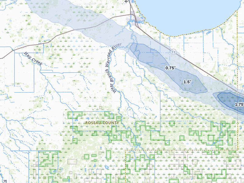 NEXRAD radar-signature map of the hail storm over Warroad, MN on Jul 26, 2026