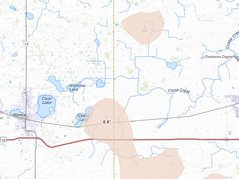 Radar-estimated hail-size map of the storm over Waseca, MN on Jul 19, 2026