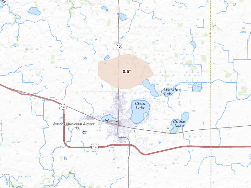Radar-estimated hail-size map of the storm over Waseca, MN on Aug 8, 2026