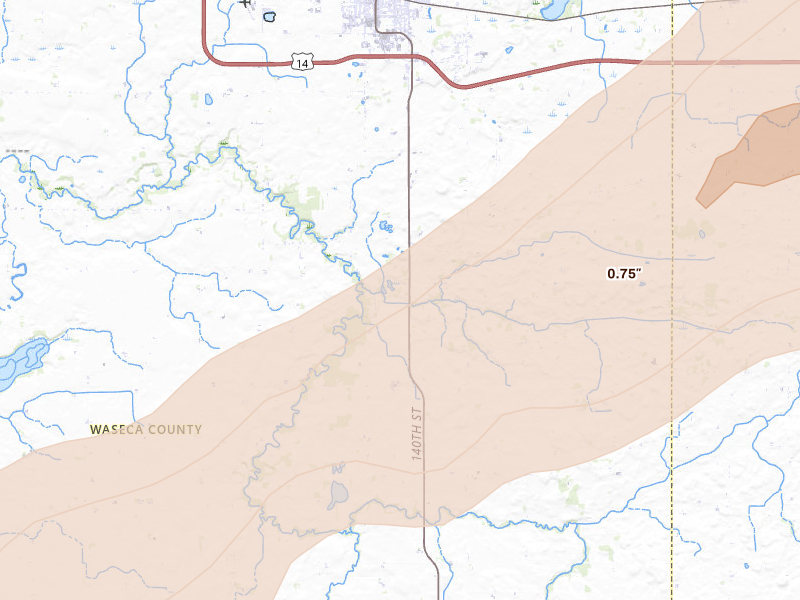 Radar-estimated hail-size map of the storm over Waseca, MN on Sep 1, 2026