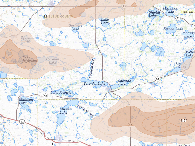 Radar-estimated hail-size map of the storm over Waterville, MN on Apr 13, 2026