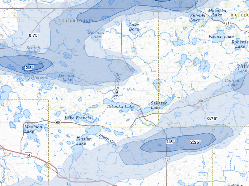 NEXRAD radar-signature map of the hail over Waterville, MN