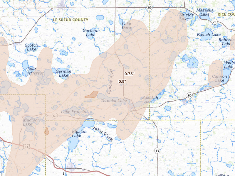 Radar-estimated hail-size map of the storm over Waterville, MN on Apr 17, 2026