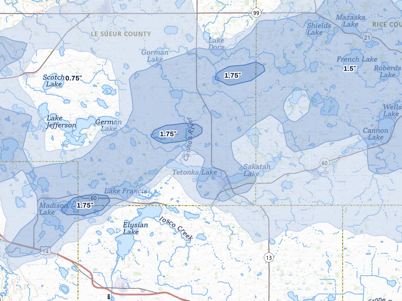 NEXRAD radar-signature map of the hail over Waterville, MN