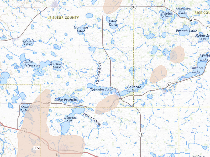 Radar-estimated hail-size map of the storm over Waterville, MN on Jun 9, 2026