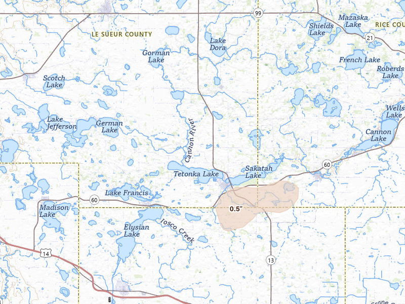 Radar-estimated hail-size map of the storm over Waterville, MN on Jul 1, 2026