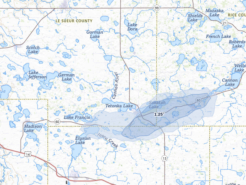 NEXRAD radar-signature map of the hail storm over Waterville, MN on Jul 1, 2026