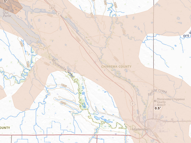 Radar-estimated hail-size map of the storm over Watson, MN on Jul 4, 2026