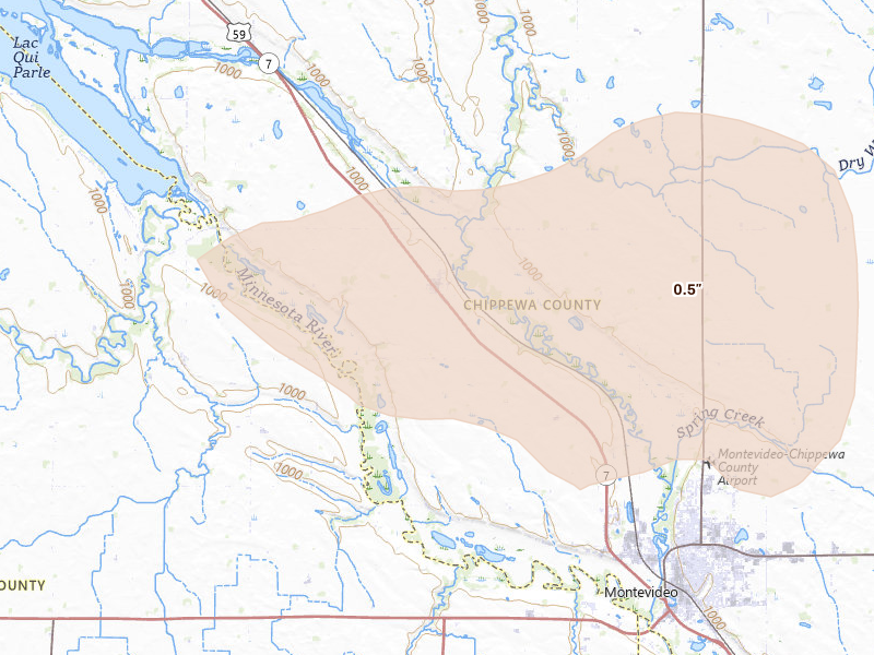 Radar-estimated hail-size map of the storm over Watson, MN on Jul 6, 2026