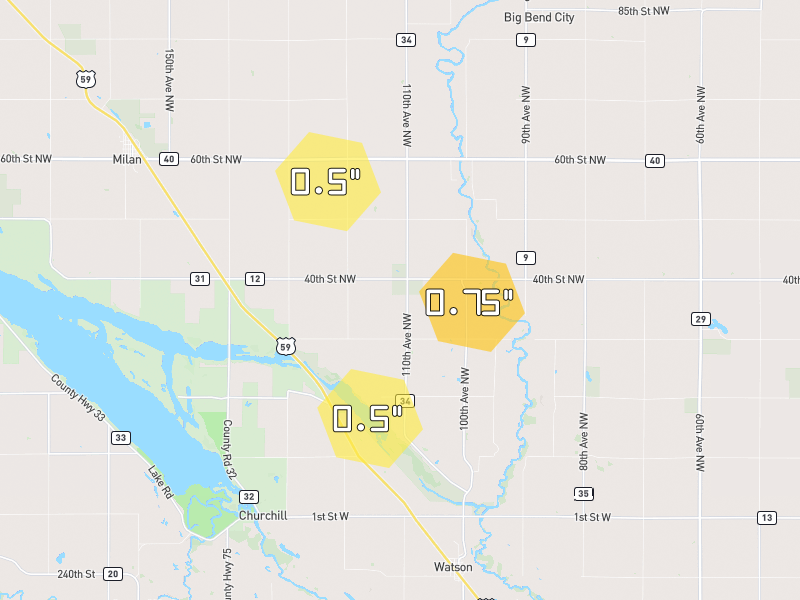 Hail map of Watson, MN on Jul 7, 2026, hail up to 0.75"