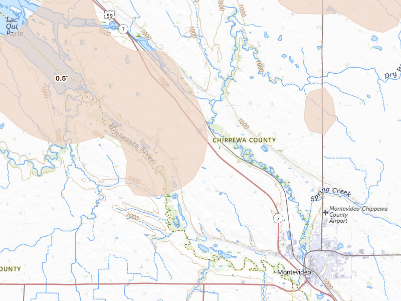 Radar-estimated hail-size map of the storm over Watson, MN on Jul 19, 2026