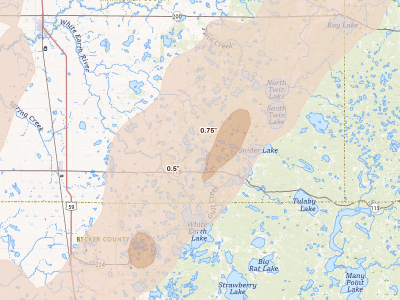 Radar-estimated hail-size map of the storm over Waubun, MN on Jun 29, 2026