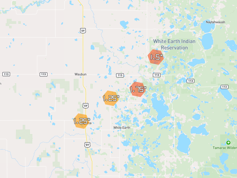 Hail map of Waubun, MN on Jun 30, 2026, hail up to 1.75"
