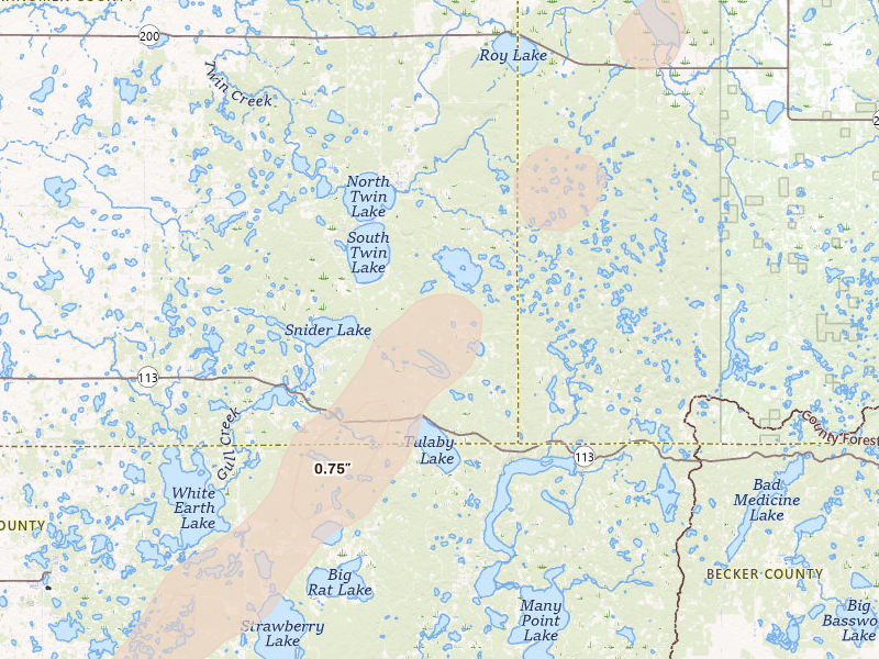 Radar-estimated hail-size map of the storm over Waubun, MN on Aug 3, 2026