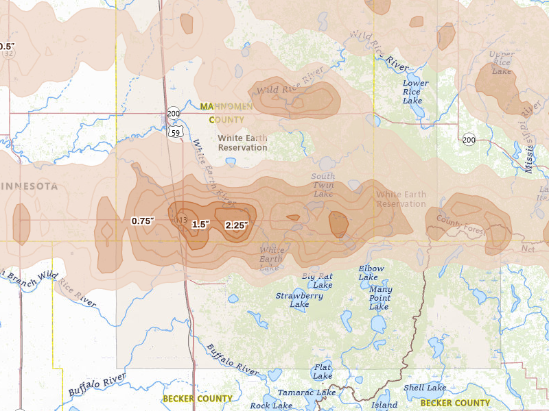 Radar-estimated hail-size map of the storm over Waubun, MN on Sep 3, 2026