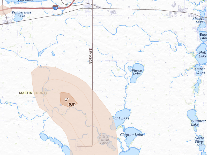 Radar-estimated hail-size map of the storm over Welcome, MN on Jun 1, 2026