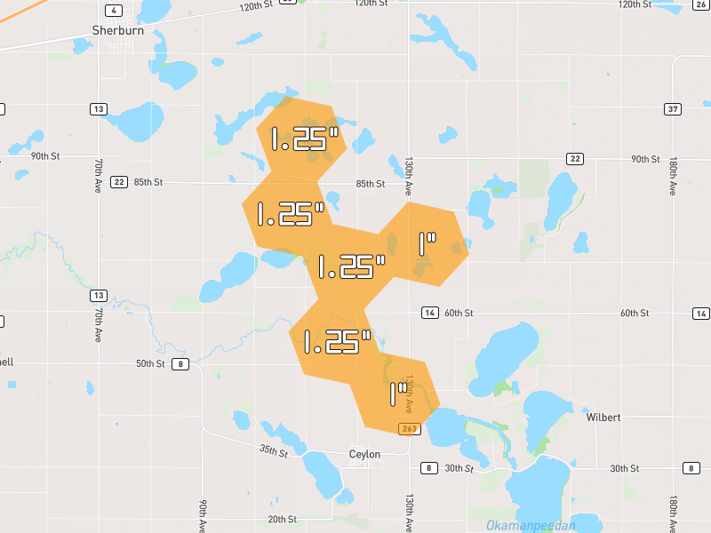 Hail map of Welcome, MN on Jun 1, 2026, hail up to 1.25"