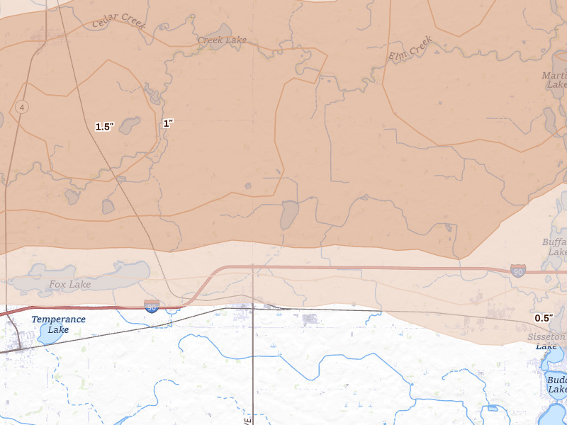 Radar-estimated hail-size map of the storm over Welcome, MN on Aug 7, 2026