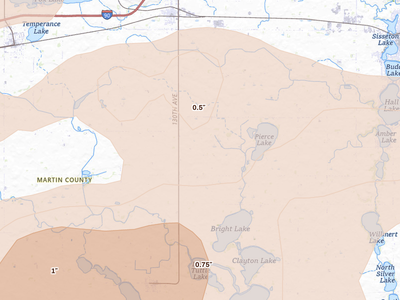 Radar-estimated hail-size map of the storm over Welcome, MN on Aug 8, 2026