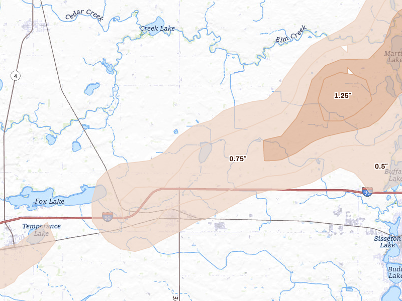Radar-estimated hail-size map of the storm over Welcome, MN on Sep 1, 2026