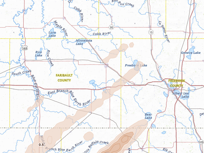 Radar-estimated hail-size map of the storm over Wells, MN on Apr 11, 2026