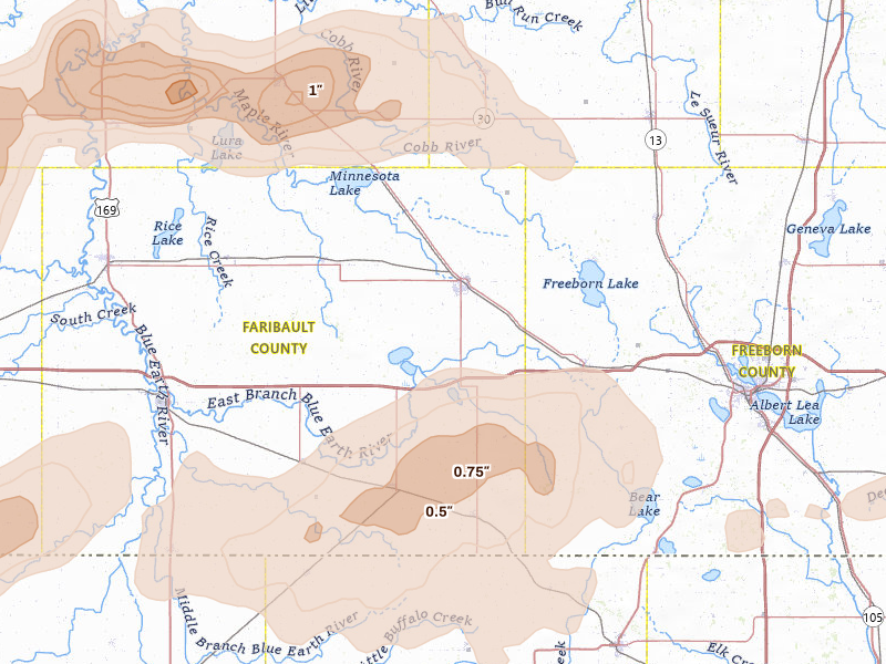 Radar-estimated hail-size map of the storm over Wells, MN on Apr 13, 2026