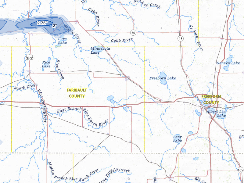 NEXRAD radar-signature map of the hail over Wells, MN