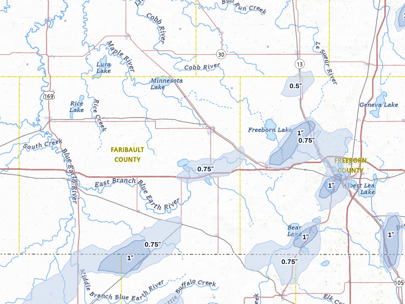 NEXRAD radar-signature map of the hail over Wells, MN
