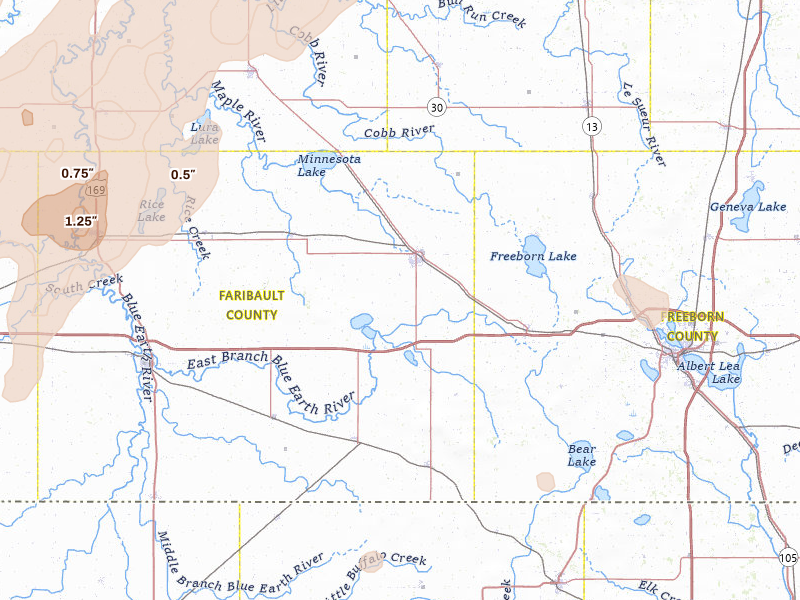 Radar-estimated hail-size map of the storm over Wells, MN on May 17, 2026