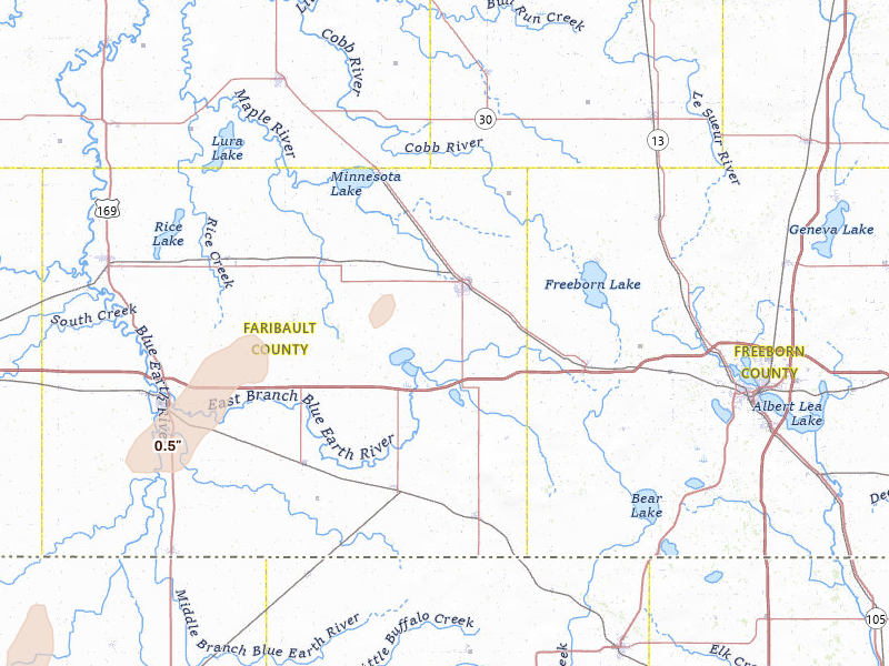 Radar-estimated hail-size map of the storm over Wells, MN on May 18, 2026