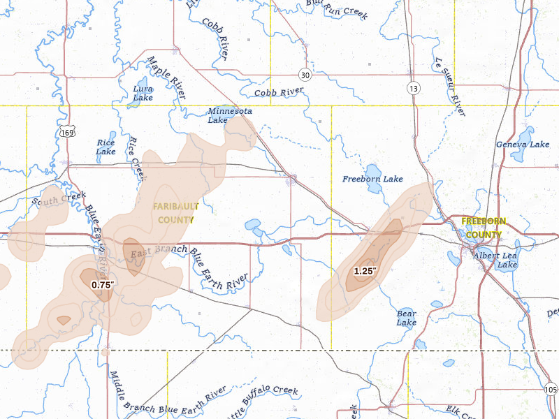Radar-estimated hail-size map of the storm over Wells, MN on Jun 29, 2026