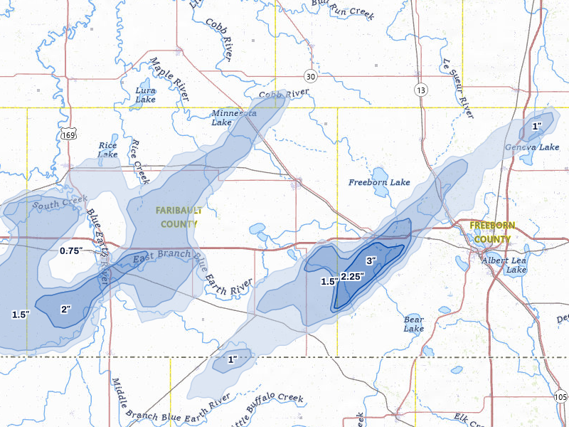 NEXRAD radar-signature map of the hail storm over Wells, MN on Jun 29, 2026