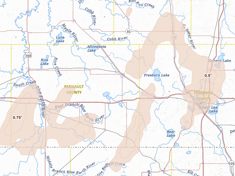 Radar-estimated hail-size map of the storm over Wells, MN on Jun 30, 2026