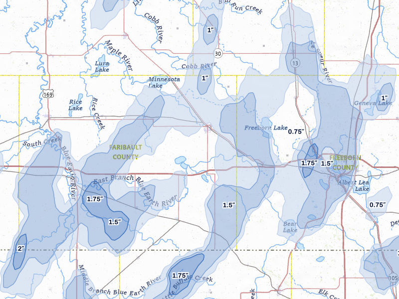 NEXRAD radar-signature map of the hail storm over Wells, MN on Jun 30, 2026