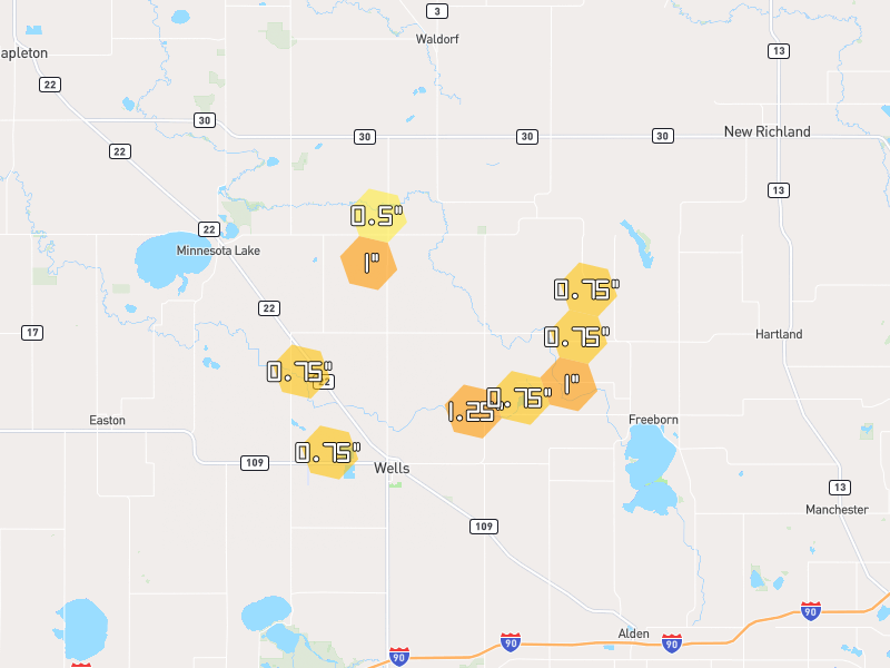 Hail map of Wells, MN on Jul 1, 2026, hail up to 1.25"