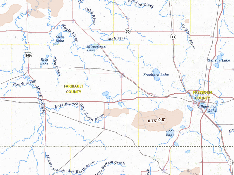 Radar-estimated hail-size map of the storm over Wells, MN on Jul 2, 2026