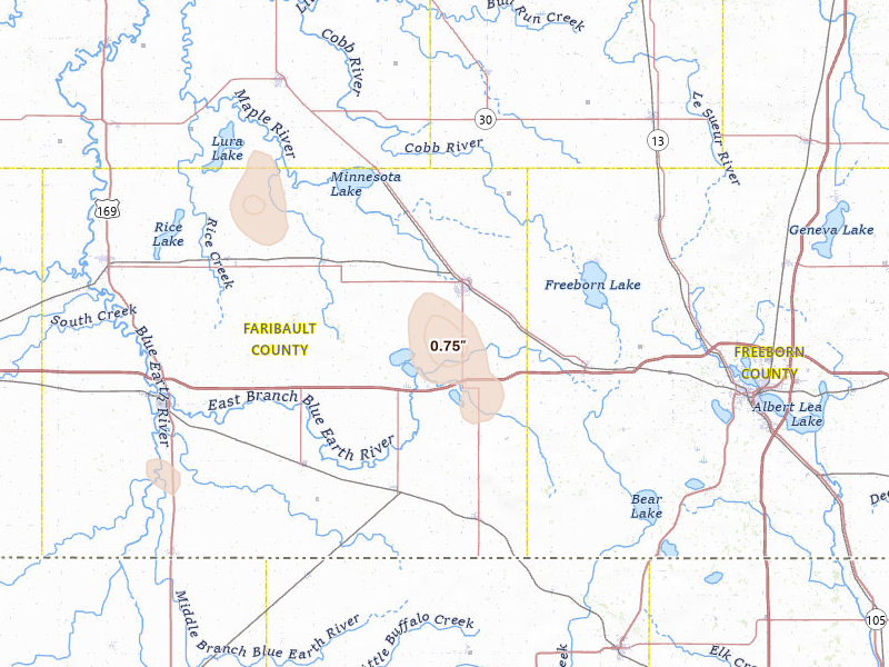 Radar-estimated hail-size map of the storm over Wells, MN on Jul 4, 2026