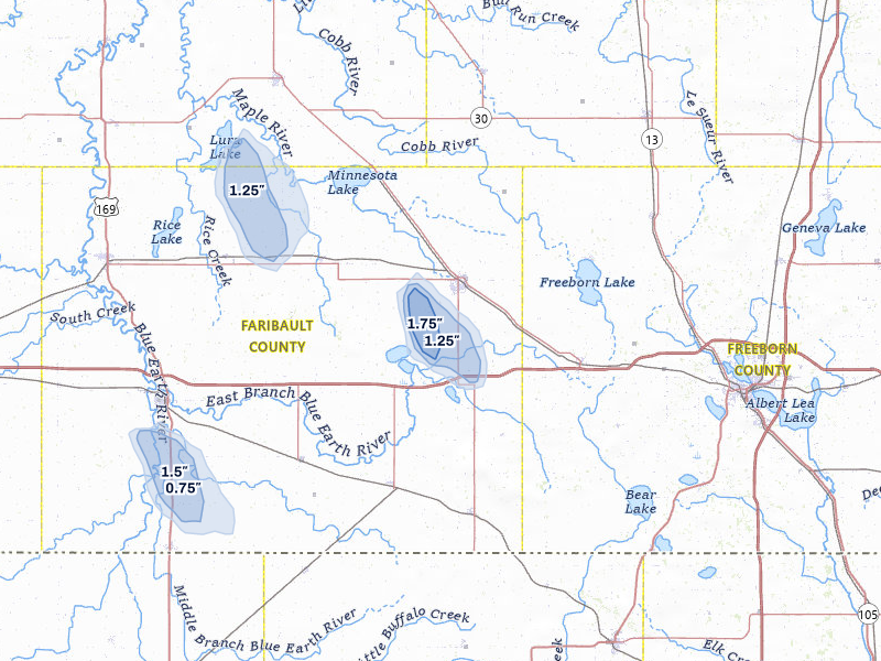 NEXRAD radar-signature map of the hail over Wells, MN