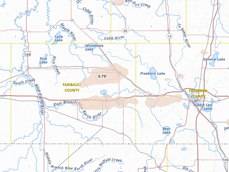 Radar-estimated hail-size map of the storm over Wells, MN on Jul 8, 2026