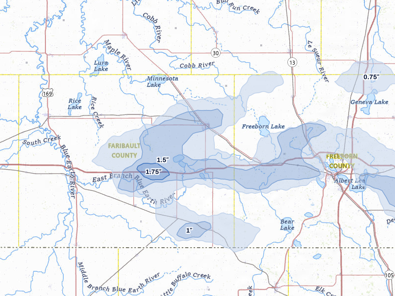 NEXRAD radar-signature map of the hail storm over Wells, MN on Jul 8, 2026