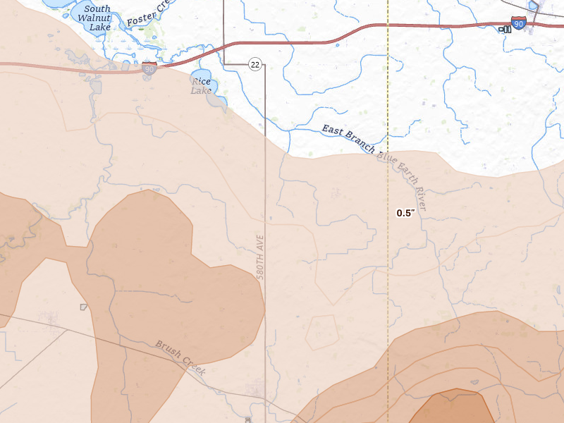 Radar-estimated hail-size map of the storm over Wells, MN on Aug 7, 2026